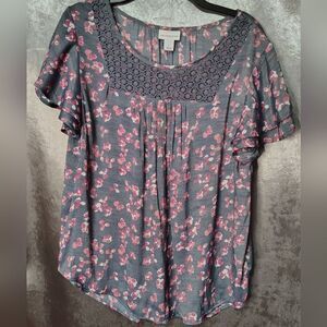 Liz Claiborne Grey and Pink Floral Blouse Size Large
